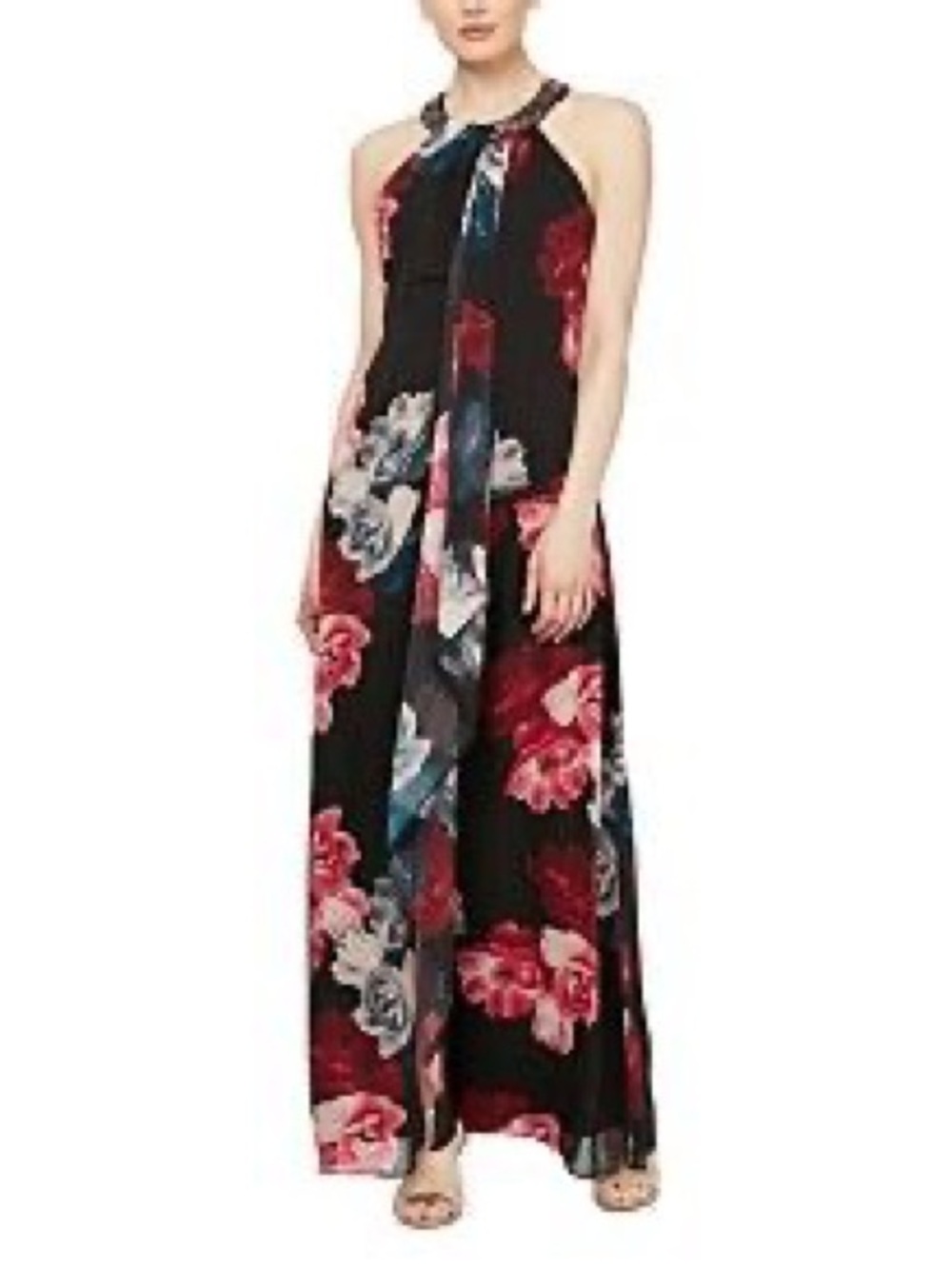 Ignite Evenings Embellished High Neck Maxi Dress. Size 14. Dark Navy Floral.